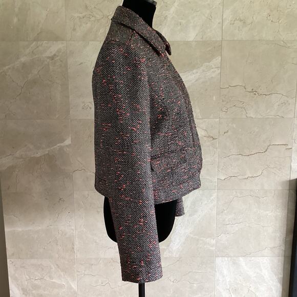J.Crew Tweed Cropped Moto Jacket, Size 8, Black, White Neon Red, Fall Preppy - Picture 9 of 13
